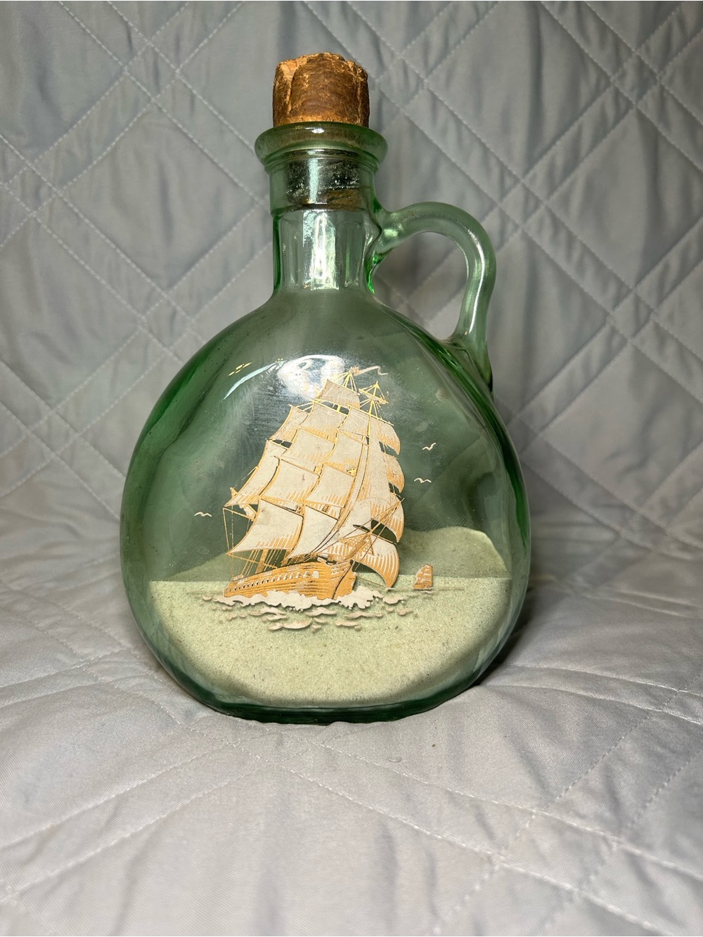 Old Fitzgerald Vintage Flagship Masted Ship DECANTER  Green Glass Nautical Decor